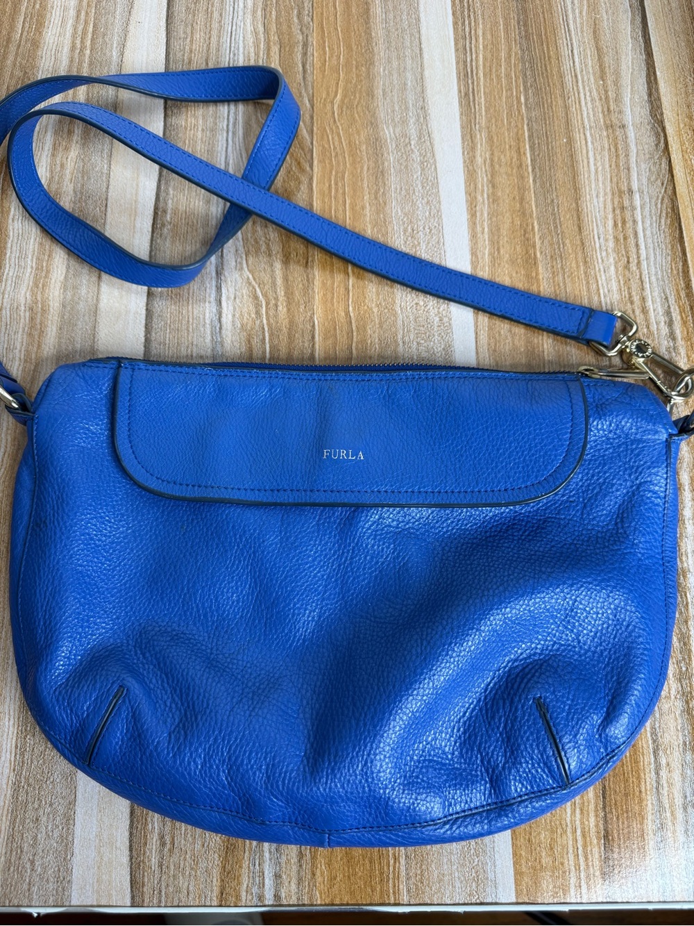 Furla Leather Shoulder Bag Blue Pebbled Crossbody Leather